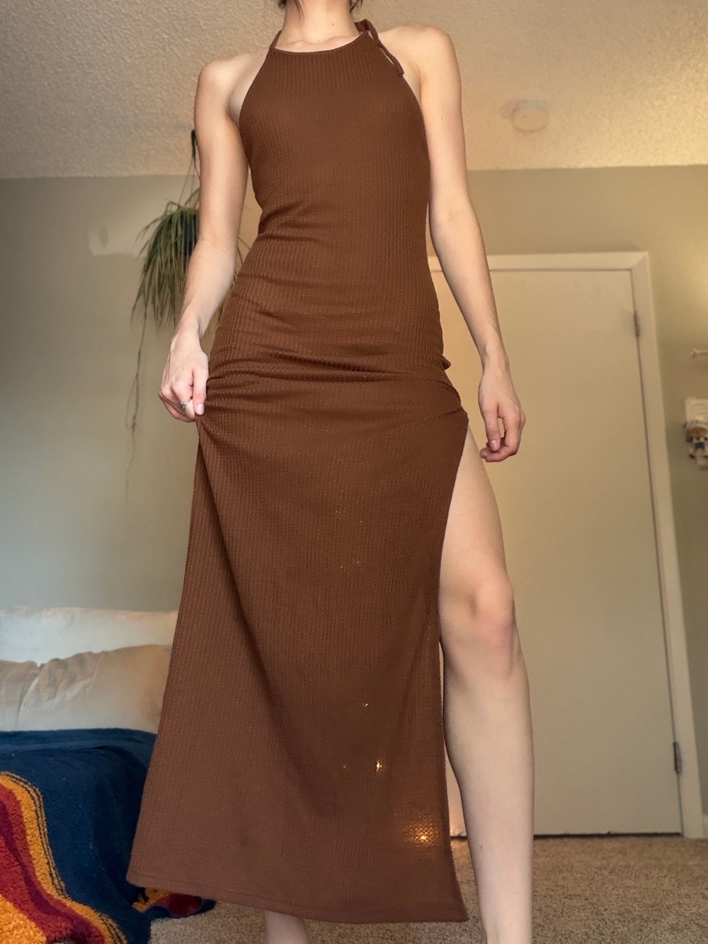 SHIEN Ribbed Halter Maxi Dress in Brown